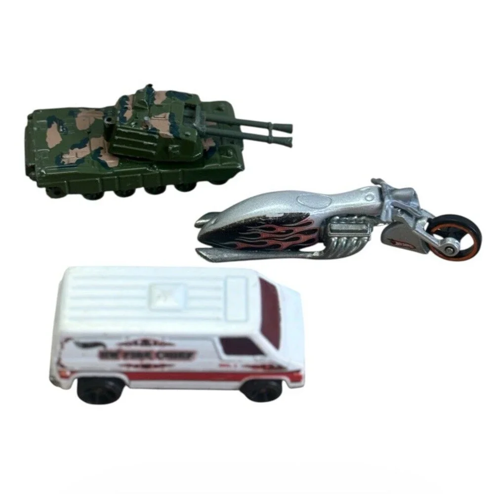 Hot Wheels Lot of 3: Fire Chief Van, Flame Motorcycle & Military Tan
